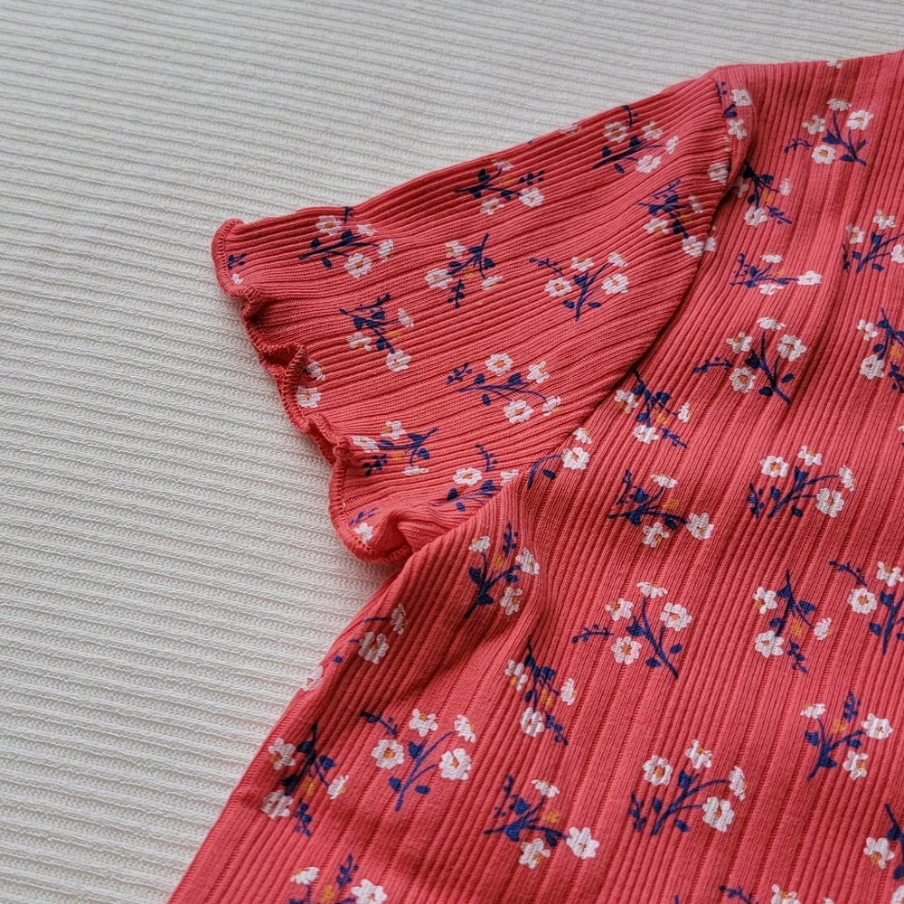 Floral Short Sleeve T-Shirt Ribbed Stripes Red Coral Daisy | Art Class